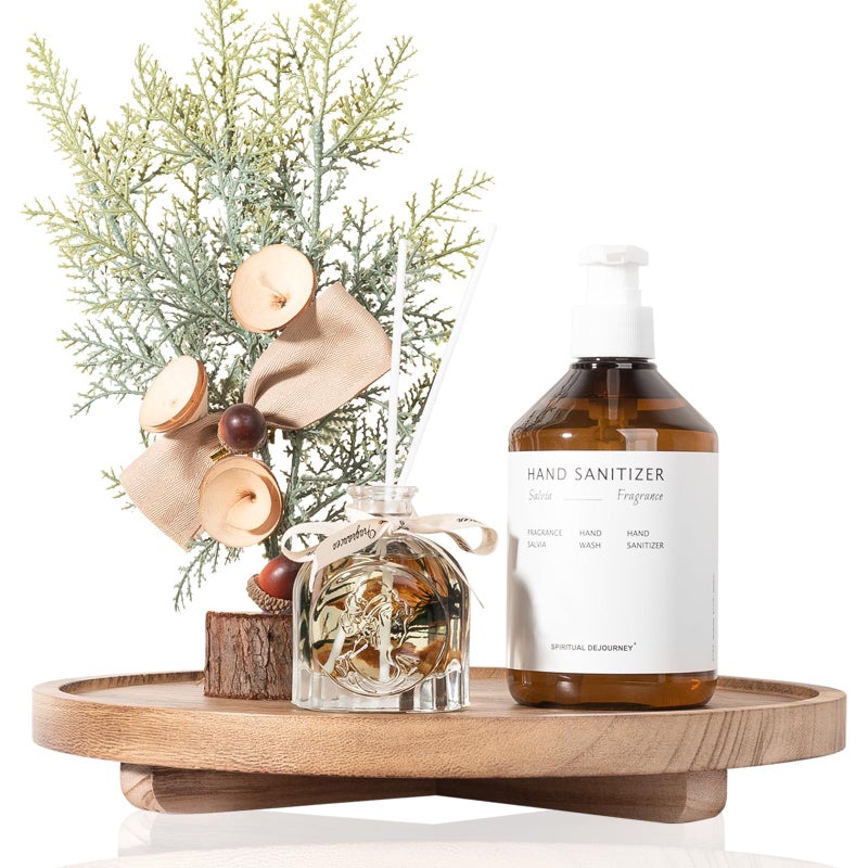 zoocatia Round Decorative Tray Wood Bathroom Counter Organizer Farmhouse Kitchen Decor Wooden Riser for Soap Dish, Perfume, Candle, Sponge, 12" - Brown - Image 4