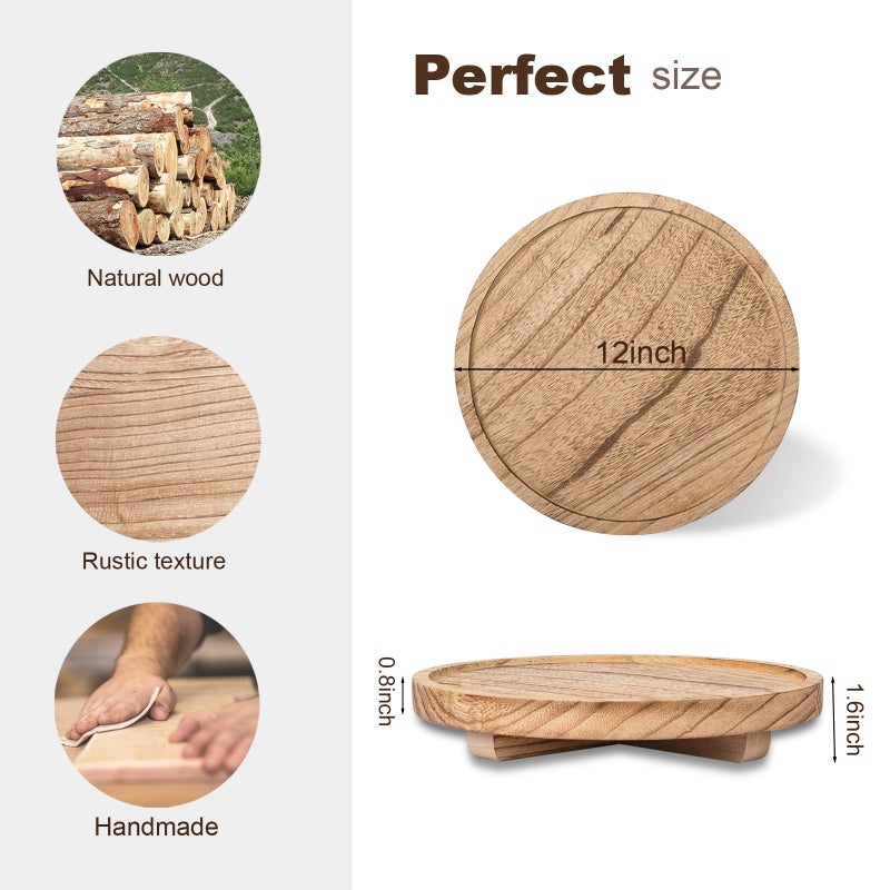 zoocatia Round Decorative Tray Wood Bathroom Counter Organizer Farmhouse Kitchen Decor Wooden Riser for Soap Dish, Perfume, Candle, Sponge, 12" - Brown - Image 3