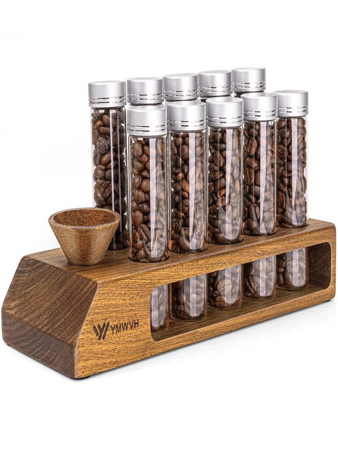 YMWVH Single Dose Coffee Bean Storage Tubes 12 pcs Glass Espresso Dosing Vials with Walnut Stand & Funnel Coffee Bean Cellar (Large) - Image 1