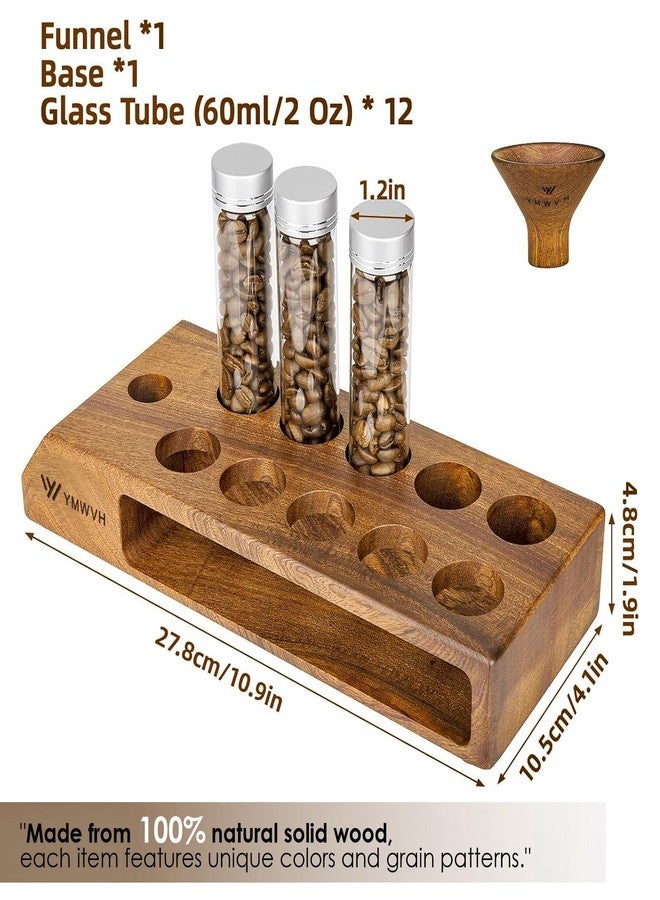 YMWVH Single Dose Coffee Bean Storage Tubes 12 pcs Glass Espresso Dosing Vials with Walnut Stand & Funnel Coffee Bean Cellar (Large) - Image 2
