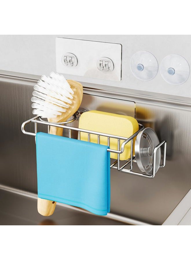 HapiRm 4 in 1 Sink Caddy Sponge Holder, SUS304 Stainless Steel Kitchen Brush Holder + Dish Cloth Hanger + Soap Rack + Sink Stopper Rack + Sponge Caddy for Kitchen - Silver - Image 2