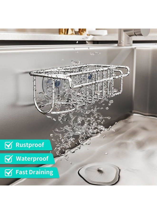 HapiRm 4 in 1 Sink Caddy Sponge Holder, SUS304 Stainless Steel Kitchen Brush Holder + Dish Cloth Hanger + Soap Rack + Sink Stopper Rack + Sponge Caddy for Kitchen - Silver - Image 4