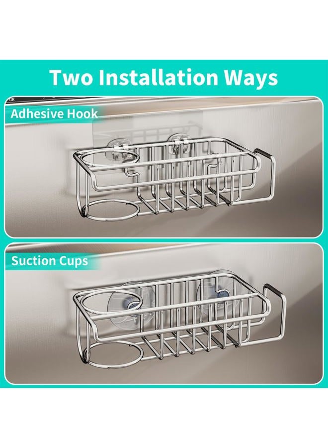HapiRm 4 in 1 Sink Caddy Sponge Holder, SUS304 Stainless Steel Kitchen Brush Holder + Dish Cloth Hanger + Soap Rack + Sink Stopper Rack + Sponge Caddy for Kitchen - Silver - Image 3