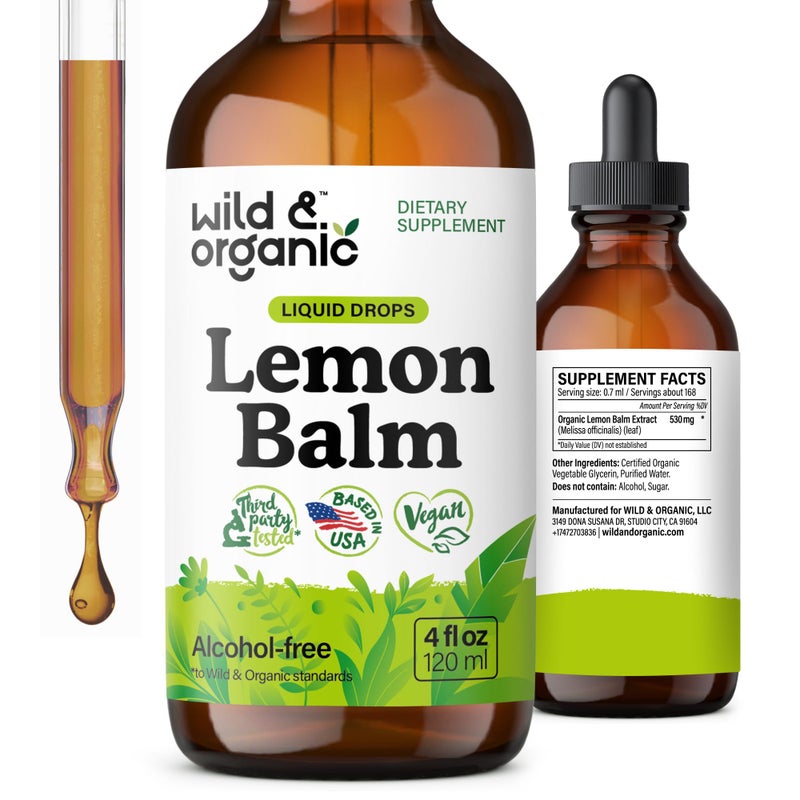 Wild Organic Lemon Balm Tincture Mood Support Supplement Melissa Lemon Balm Leaf Extract Drops Vegan Sugar AlcoholFree Calming Supplement 4 fl oz