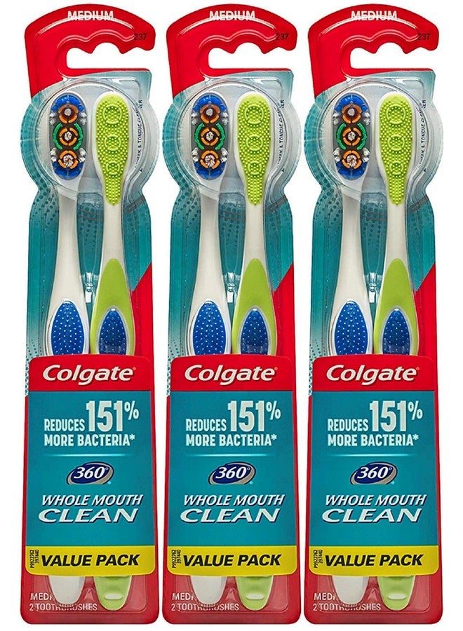 كولجيت فرشاة أسنان كولجيت 360 متوسطة الحجم مع منظف للسان والخد، 6 قطع - Image 1