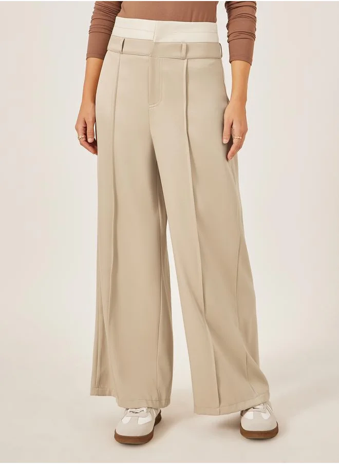 Styli Beige Double Waistband Wide Leg Pants with Pintuck Detail