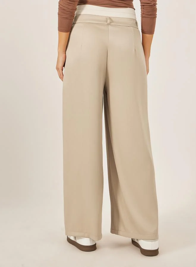 Styli Beige Double Waistband Wide Leg Pants with Pintuck Detail