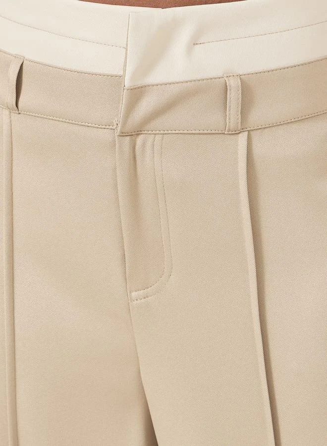 Styli Beige Double Waistband Wide Leg Pants with Pintuck Detail
