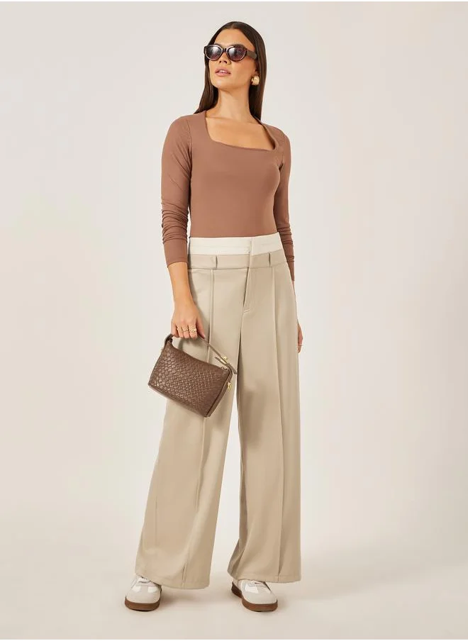 Styli Beige Double Waistband Wide Leg Pants with Pintuck Detail