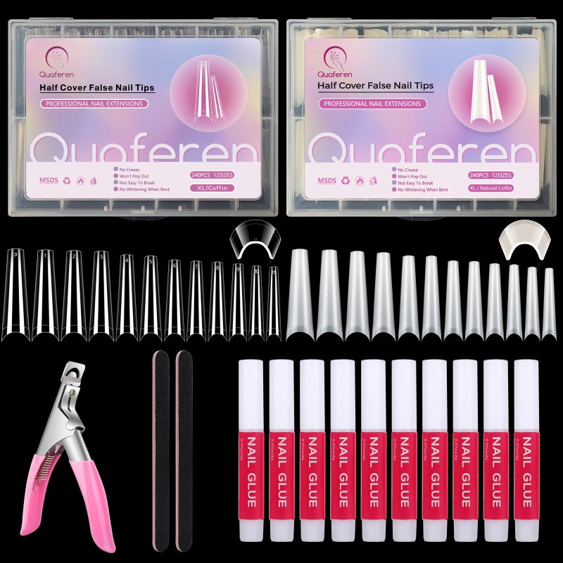 Deciniee 480PCS Coffin Nail Tips for Acrylic Nails Professional Set XXL Extra Long Acrylic Nail Tips and Glue Set Half Cover Natural  Clear Coffin Nails Tips Nail Kit with Nail Clippers Glue