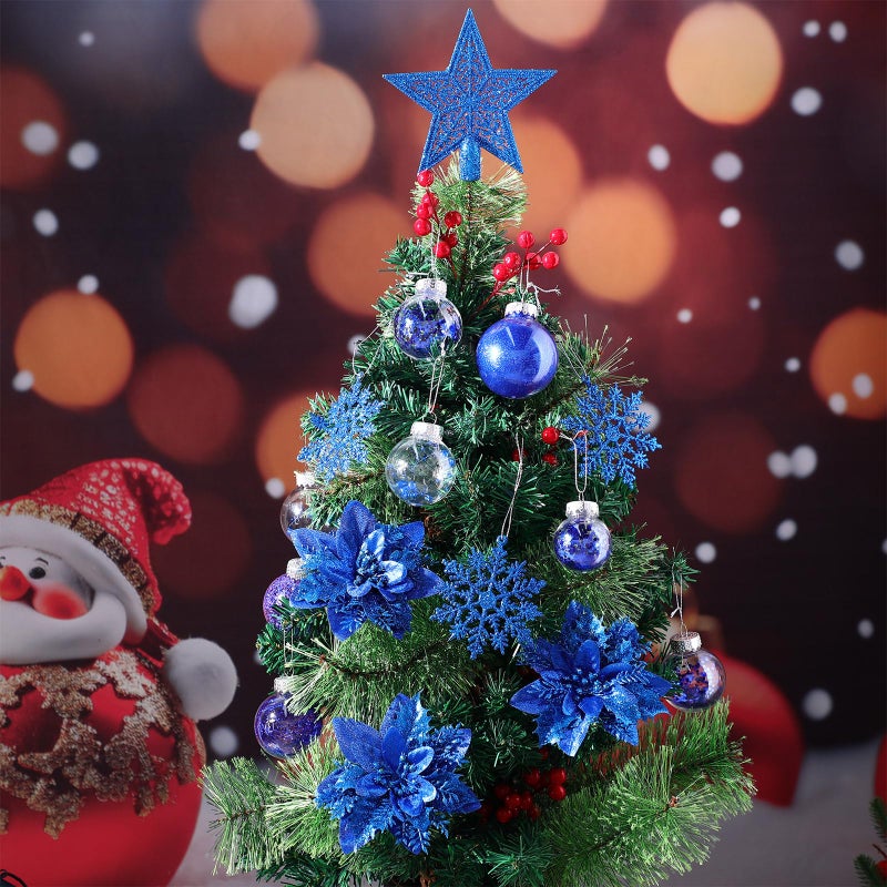 Jenaai 74 Pcs Christmas Ball Ornaments Set Plastic Shatterproof Christmas Tree Decorations with Hanging Snowflakes Ribbons Artificial Poinsettia Flowers Tree Topper for Xmas Decor (Dark Blue) - Image 5