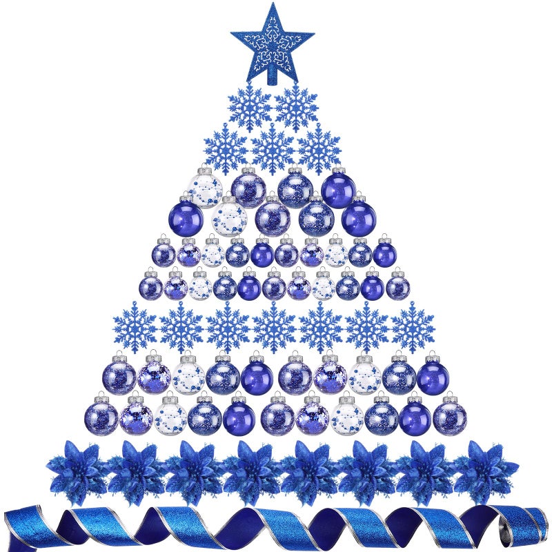 Jenaai 74 Pcs Christmas Ball Ornaments Set Plastic Shatterproof Christmas Tree Decorations with Hanging Snowflakes Ribbons Artificial Poinsettia Flowers Tree Topper for Xmas Decor (Dark Blue) - Image 1