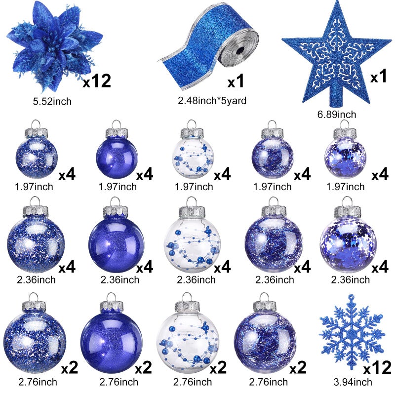 Jenaai 74 Pcs Christmas Ball Ornaments Set Plastic Shatterproof Christmas Tree Decorations with Hanging Snowflakes Ribbons Artificial Poinsettia Flowers Tree Topper for Xmas Decor (Dark Blue) - Image 2