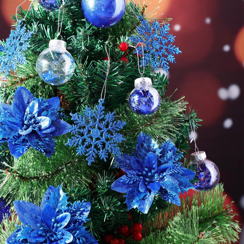 Jenaai 74 Pcs Christmas Ball Ornaments Set Plastic Shatterproof Christmas Tree Decorations with Hanging Snowflakes Ribbons Artificial Poinsettia Flowers Tree Topper for Xmas Decor (Dark Blue) - Image 4