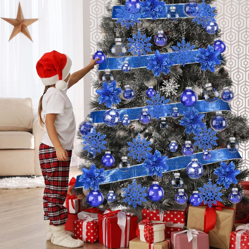 Jenaai 74 Pcs Christmas Ball Ornaments Set Plastic Shatterproof Christmas Tree Decorations with Hanging Snowflakes Ribbons Artificial Poinsettia Flowers Tree Topper for Xmas Decor (Dark Blue) - Image 3