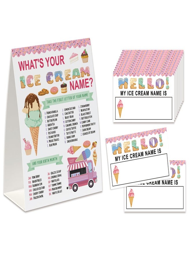 Xenseou Ice Cream Birthday Party Game, What’s Your Ice Cream Name Game(One Sign+30 Name Tag Stickers), Girl Summer Birthday Party,Fun Games For School Office Home Party,Baby Shower Game-MZC02 - Image 1