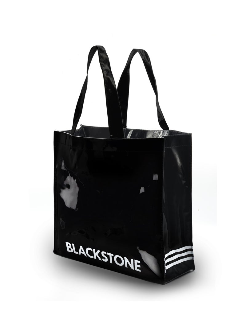 PVC Large Size Carry Bag Black Glossy Reusable Shopping Tote with Sturdy Handles for Groceries Beach and Daily Utility