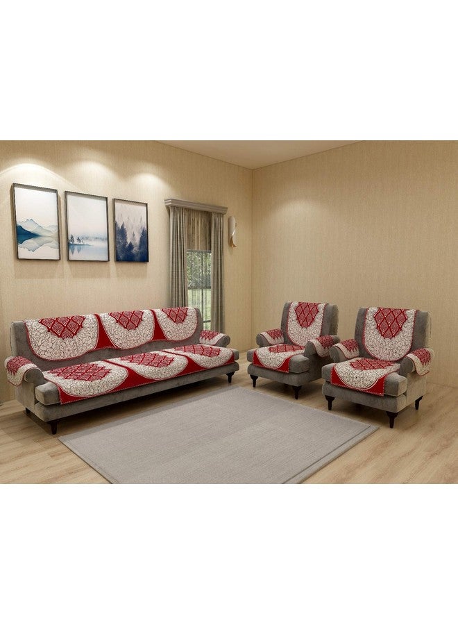 Nendle Cotton Fabric Abstract Sofa and Chair Covers Set of 5 Seater with 6 Pieces Arms Covers (Maroon, 12 Pieces) - Image 1