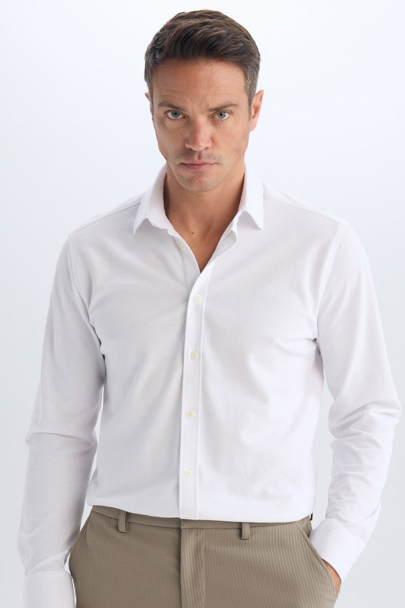 DeFacto White Man Regular Fit Polo Collar Long Sleeve Shirt Casual - Image 1