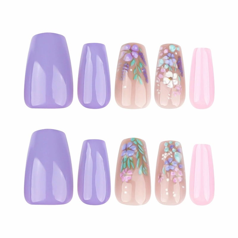 juggssa 3D Flower Press on Nails Medium Coffin Fake Nails with Spring Fresh Flower Designs Glue on Nails Purple Pink Acrylic Press on Nails Kits Full Cover False Nails with Glue Stick on Nails for Women 24PCS - Image 5