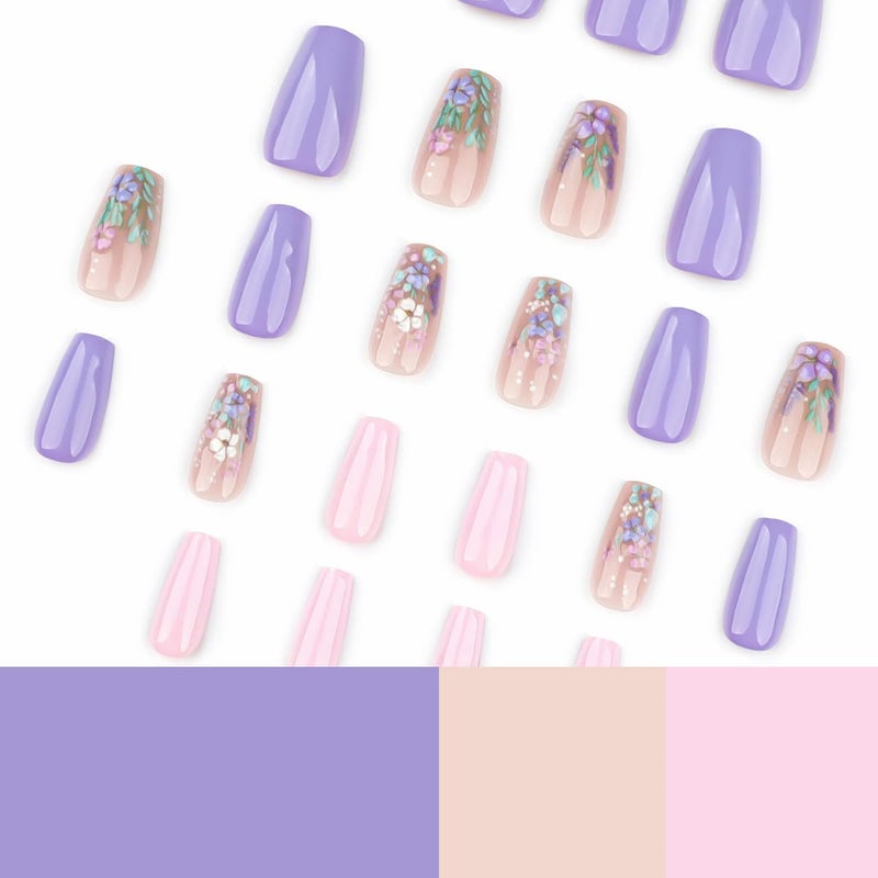 juggssa 3D Flower Press on Nails Medium Coffin Fake Nails with Spring Fresh Flower Designs Glue on Nails Purple Pink Acrylic Press on Nails Kits Full Cover False Nails with Glue Stick on Nails for Women 24PCS - Image 2