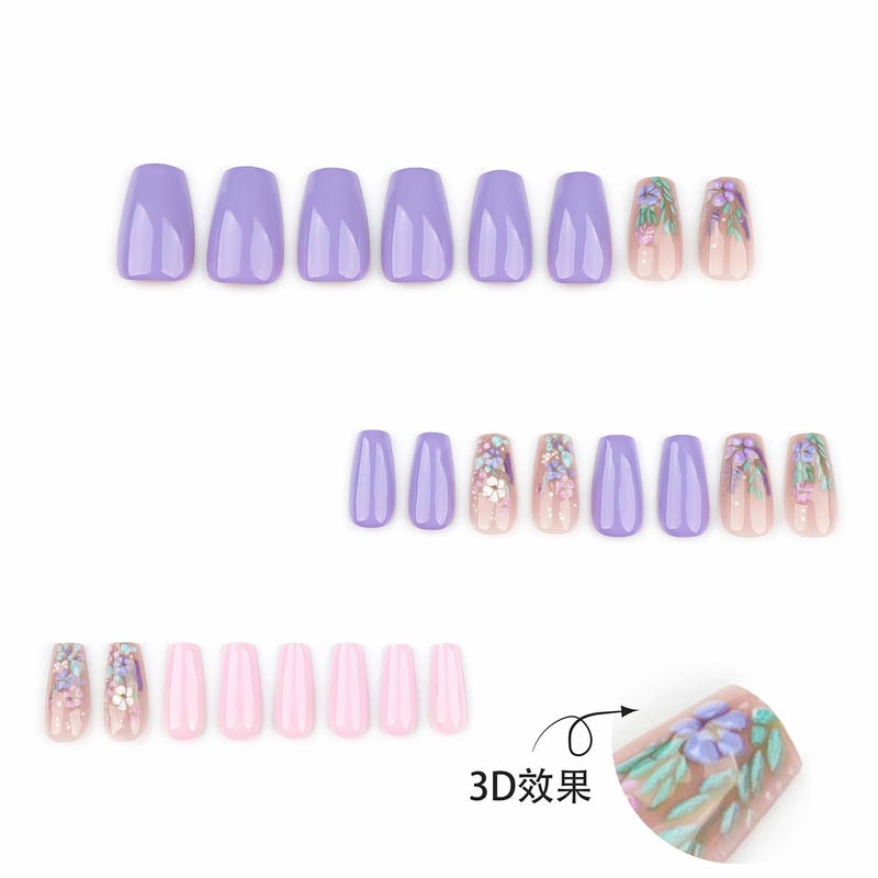 juggssa 3D Flower Press on Nails Medium Coffin Fake Nails with Spring Fresh Flower Designs Glue on Nails Purple Pink Acrylic Press on Nails Kits Full Cover False Nails with Glue Stick on Nails for Women 24PCS - Image 3