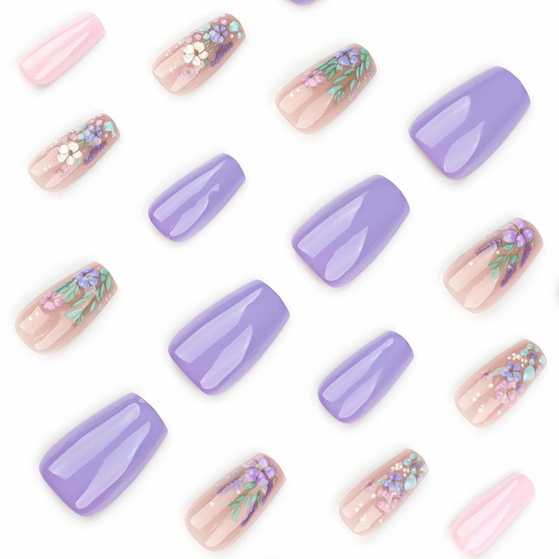 juggssa 3D Flower Press on Nails Medium Coffin Fake Nails with Spring Fresh Flower Designs Glue on Nails Purple Pink Acrylic Press on Nails Kits Full Cover False Nails with Glue Stick on Nails for Women 24PCS - Image 4