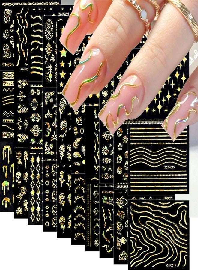 Snmzlc 30 Sheets Nail Art Stickers,Small Laser Gold Flower Stars Heart Nail Decals for Nails Design,3D Self Adhesive Supplies,Design Decoration Accessories for Women and GirlsUS358 (Laser Gold) - Image 1