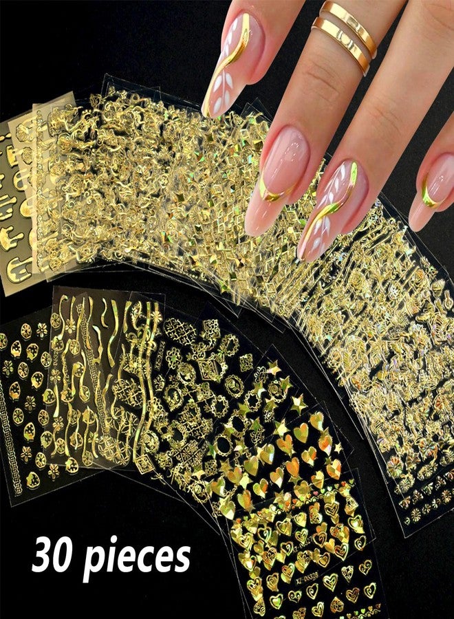 Snmzlc 30 Sheets Nail Art Stickers,Small Laser Gold Flower Stars Heart Nail Decals for Nails Design,3D Self Adhesive Supplies,Design Decoration Accessories for Women and GirlsUS358 (Laser Gold) - Image 3