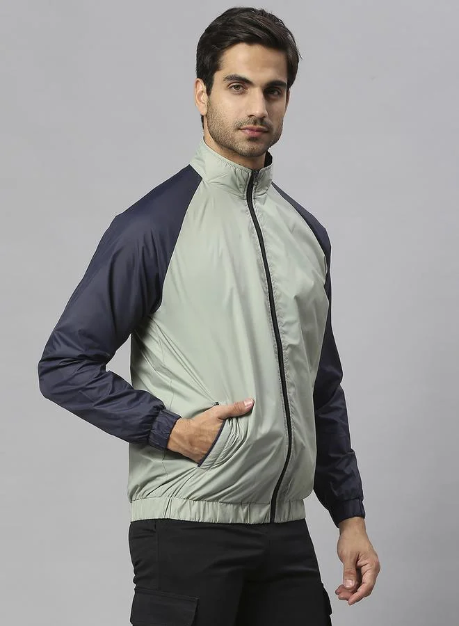 Dennis Lingo Sea Green Regular Fit Men's Colourblocked Mock Neck Polyester Jacket with Zipper Closure