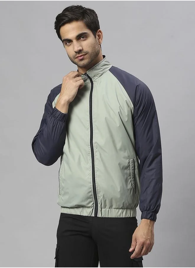 دينيس لينغو Sea Green Regular Fit Men's Colourblocked Mock Neck Polyester Jacket with Zipper Closure