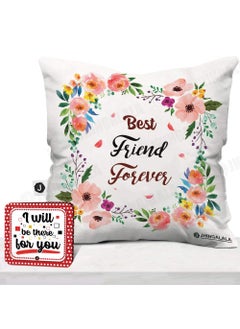 Jhingalala Best Friend Forever Printed Satin Cushion with Filler and Greeting Card Medium Multicolour