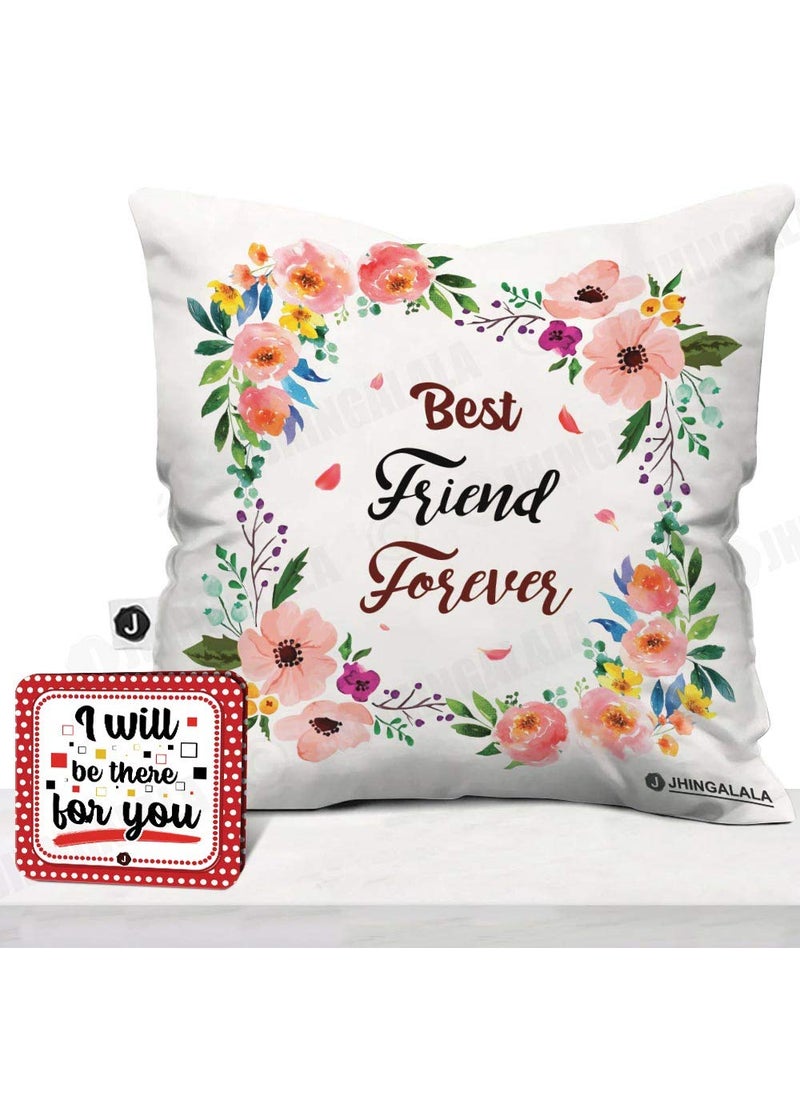 Jhingalala Jhingalala Best Friend Forever Printed Satin Cushion with Filler and Greeting Card Medium Multicolour  - Image 1
