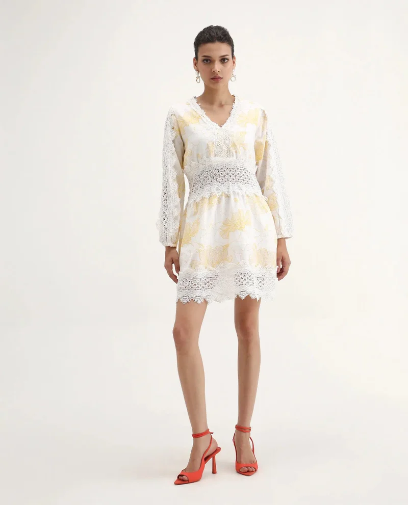 Rareism Rareism Women Fiscella Pastel Yellow Cotton Fabric Regular Sleeves V-Neck Abstract Print Regular Length Dress