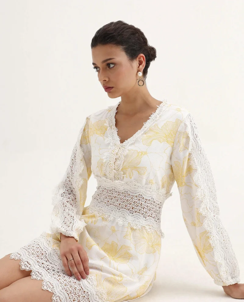 Rareism Rareism Women Fiscella Pastel Yellow Cotton Fabric Regular Sleeves V-Neck Abstract Print Regular Length Dress