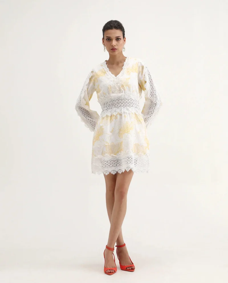 Rareism Women's Cotton Dress With Abstract V-Neck