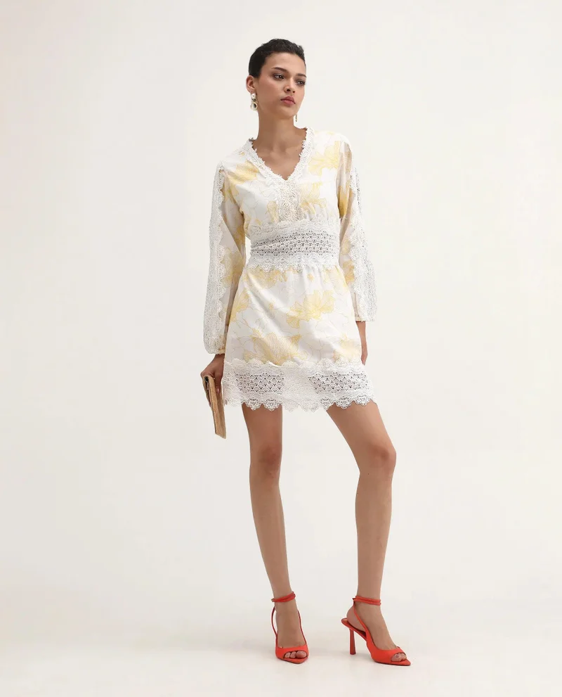 Rareism Women's Cotton Dress With Abstract V-Neck