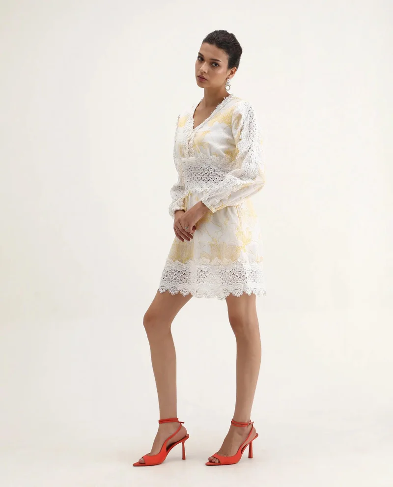 Rareism Women's Cotton Dress With Abstract V-Neck