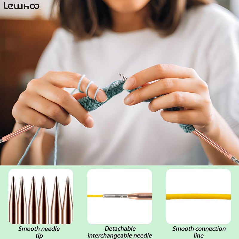 Lewhoo Circular Knitting Needles Set, 13 Pairs Interchangeable Aluminum Round Circular Needle for Knitting with Bag 3.0~10.mm Rose Gold - Image 5