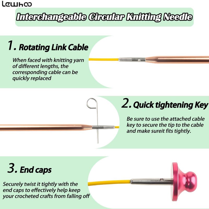 Lewhoo Circular Knitting Needles Set, 13 Pairs Interchangeable Aluminum Round Circular Needle for Knitting with Bag 3.0~10.mm Rose Gold - Image 3