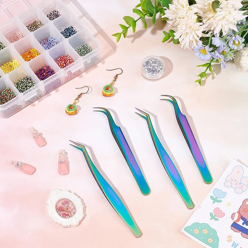 UNICRAFTALE 4pcs 2 Styles Stainless Steel Curved Pointed Craft Tweezer Rainbow Eyelash Tweezers Clips Sticker Picking Tool Tweezer for DIY Craft Precision Tweezers Jewelry Making - Image 4