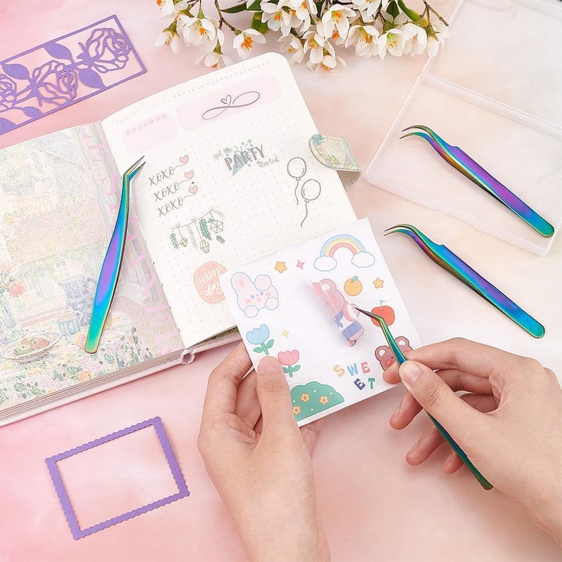 UNICRAFTALE 4pcs 2 Styles Stainless Steel Curved Pointed Craft Tweezer Rainbow Eyelash Tweezers Clips Sticker Picking Tool Tweezer for DIY Craft Precision Tweezers Jewelry Making - Image 2