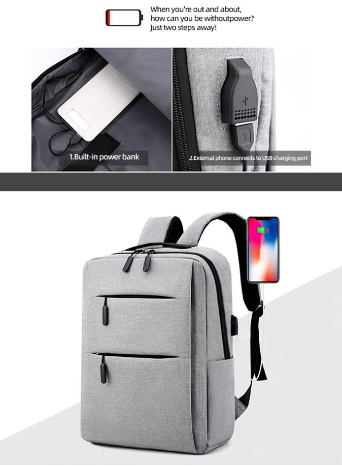 FANGFANGOTD Laptop Backpack 15" Travel Business Work Bag Water Resistant Daypack with USB Charging Port Grey - Image 2
