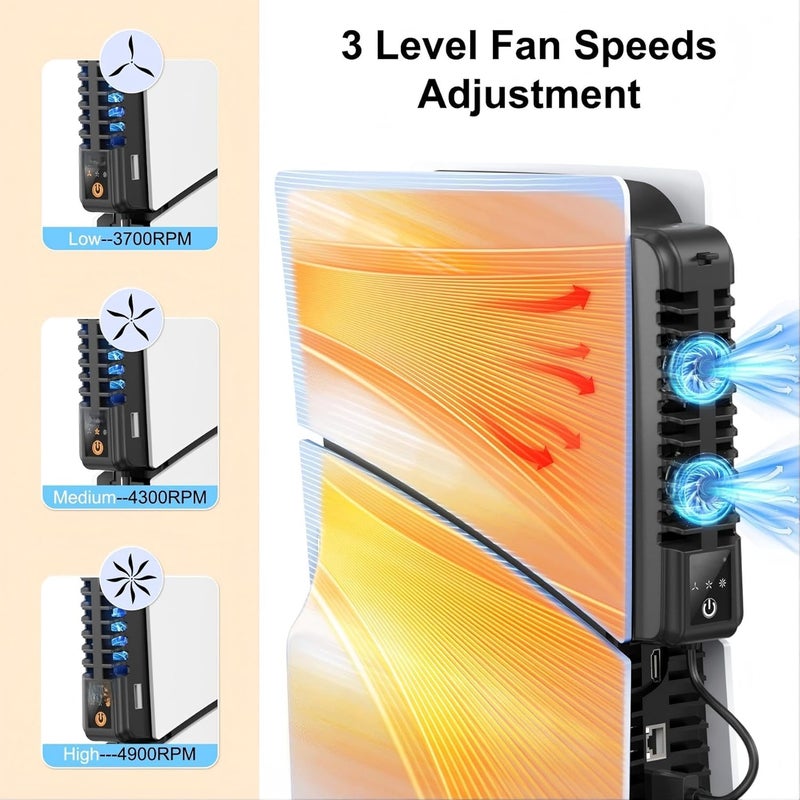 كاست ويف مروحة تبريد متوافقة مع PS5 Slim (رقمي/قرص)، مبرد هادئ مع 3 مراوح قابلة للتعديل، مبرد بشاشة لمس ومحور USB إضافي، تبريد فعال لوحدة ألعاب الفيديو - Image 4