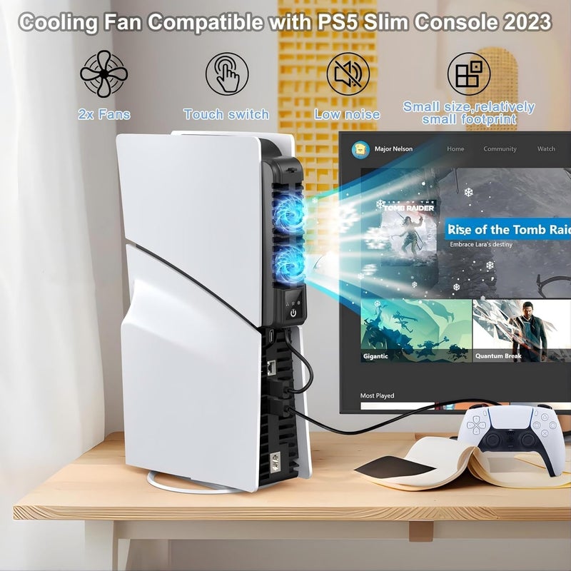كاست ويف مروحة تبريد متوافقة مع PS5 Slim (رقمي/قرص)، مبرد هادئ مع 3 مراوح قابلة للتعديل، مبرد بشاشة لمس ومحور USB إضافي، تبريد فعال لوحدة ألعاب الفيديو - Image 2