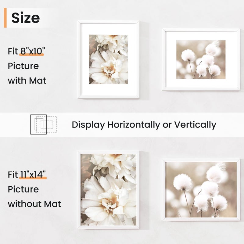 Venusmiles 11x14 inch Picture Frame  11x14 Photo Frames with 8x10 Removable Mat - High Definition Plexiglass - Vertical and Horizontal Display - Wall Hanging Frame - White  5 Pack - Image 2