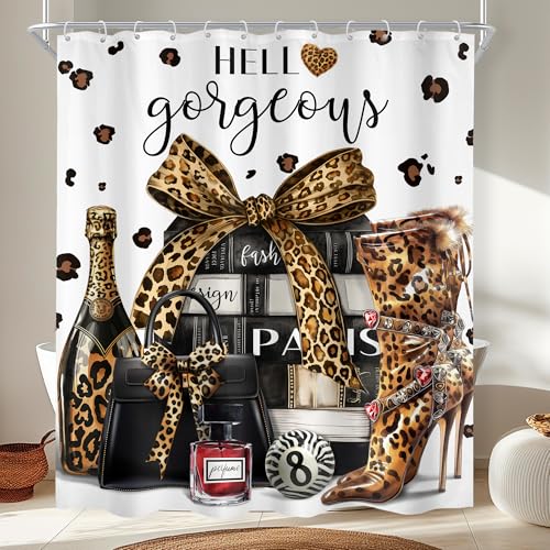 Cinbloo Brown Leopard Shower Curtain for Women 60Wx72H Cheetah Print Fashion Modern Luxury Magazine Books Perfume High Heels Girly Bathroom Curtain Set Trendy Stylish Girls Bathroom Accessories Decor - Image 1