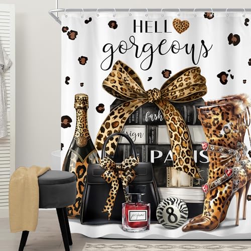 Cinbloo Brown Leopard Shower Curtain for Women 60Wx72H Cheetah Print Fashion Modern Luxury Magazine Books Perfume High Heels Girly Bathroom Curtain Set Trendy Stylish Girls Bathroom Accessories Decor - Image 3