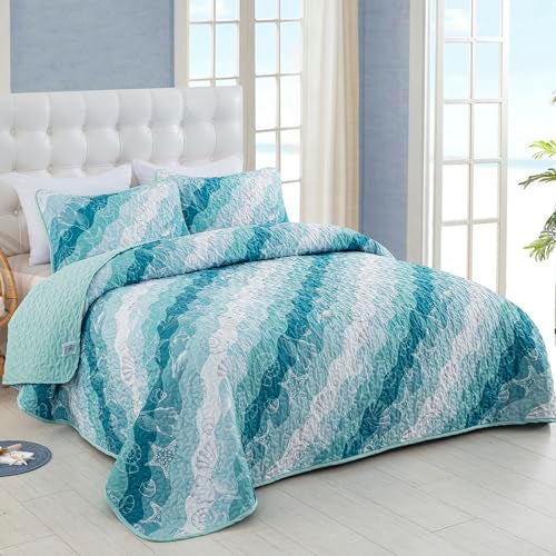 Dinjoy Summer Coastal Quilt Set King Size Blue Green Ocean Beach Themed Bedding Set Seawave Seashell Conch Starfish Microfiber Lightweight Bedspread Coverlet Bed Set All Season 104x90 Inch - Image 3
