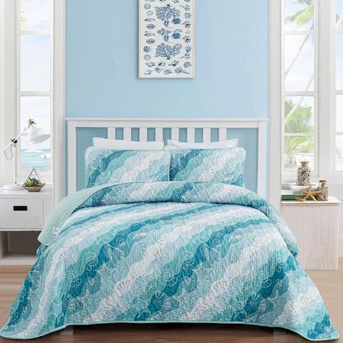 Dinjoy Summer Coastal Quilt Set King Size Blue Green Ocean Beach Themed Bedding Set Seawave Seashell Conch Starfish Microfiber Lightweight Bedspread Coverlet Bed Set All Season 104x90 Inch - Image 1